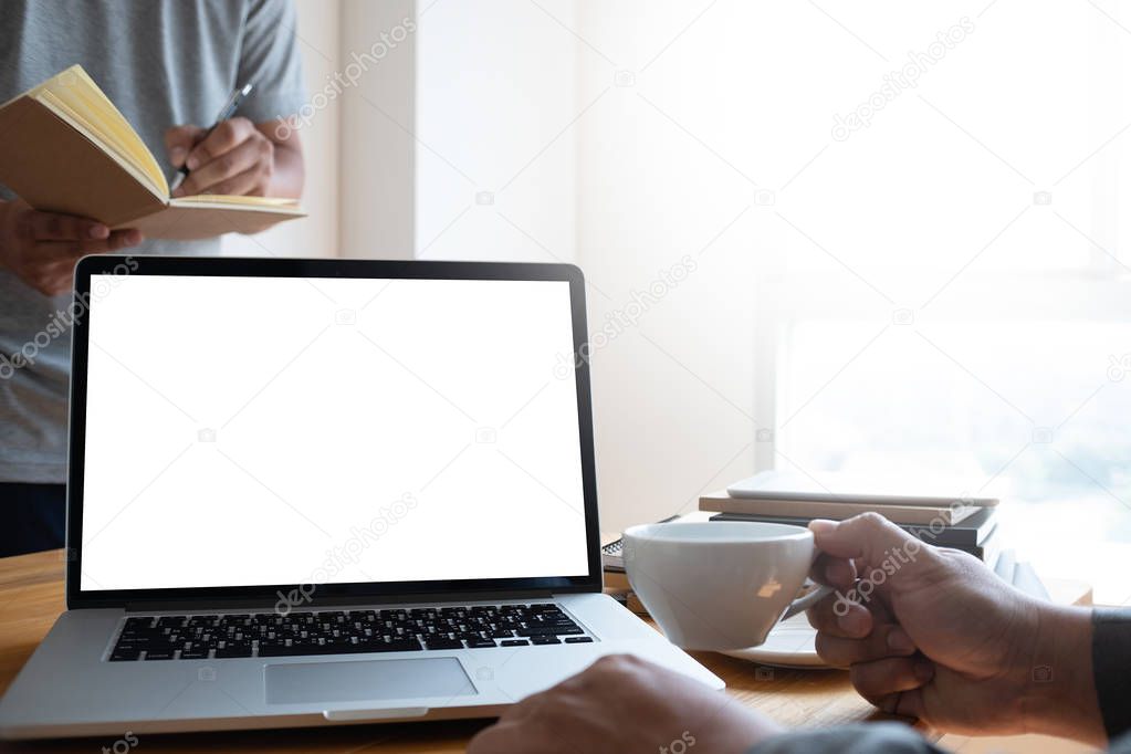 Laptop with blank screen on table. Workspace background new project on laptop computer with blank copy space screen for your advertising text message