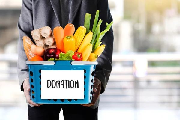 Young Man Holding Donation Food Donate Charity — Stock Photo, Image