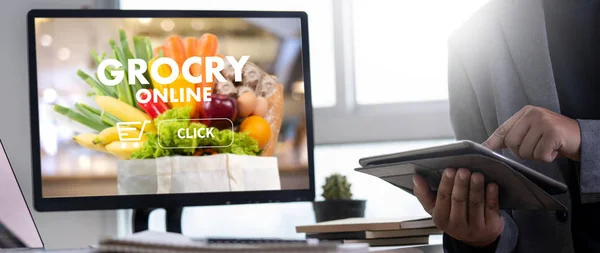 Élelmiszer Bevásárlás Online Szupermarketben Élelmiszerbolt — Stock Fotó