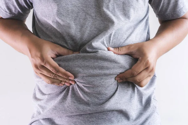 Uomo Toccando Sua Grasso Ventre Paffuto Paffuto — Foto Stock