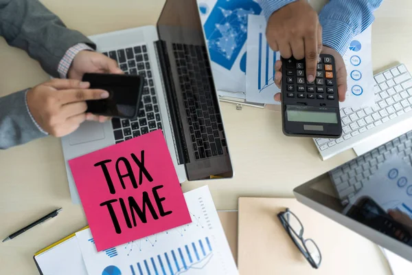 Tempo Para Impostos Planejamento Dinheiro Contabilidade Financeira Tributação Empresário Economia — Fotografia de Stock