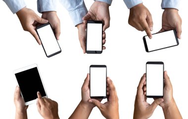 Akıllı telefon teknolojisi ve telefon teknoloji eğilimleri kullanarak adam ellerini kapatın