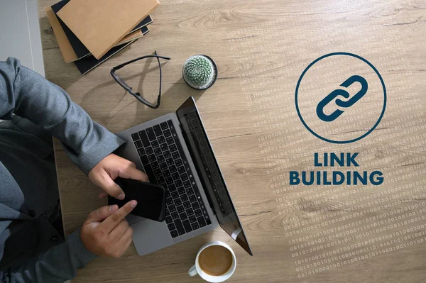 Link building connect link kommunikation kontakt netzwerk — Stockfoto