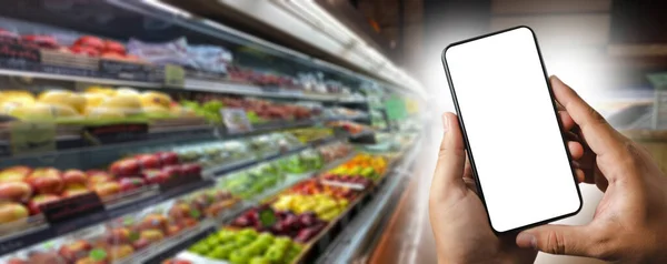 Lebensmittelgeschäft Einkaufen Einkaufszentrum Supermarkt Gemüse Gesunde Lebensmittel Smartphone Online Supermarkt — Stockfoto
