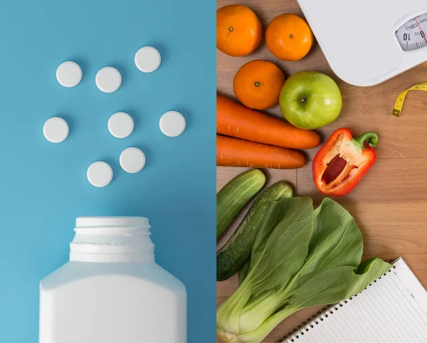Aliments Sains Médicaments Vitamines Aux Fruits Légumes Médecine Traitement Santé — Photo