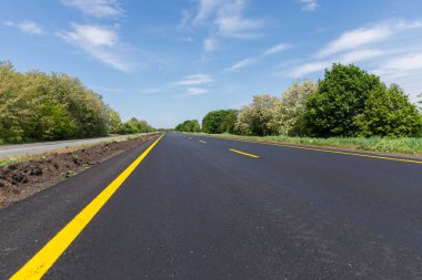 Yeni boş yol tarafında yeşil ağaçlar ile