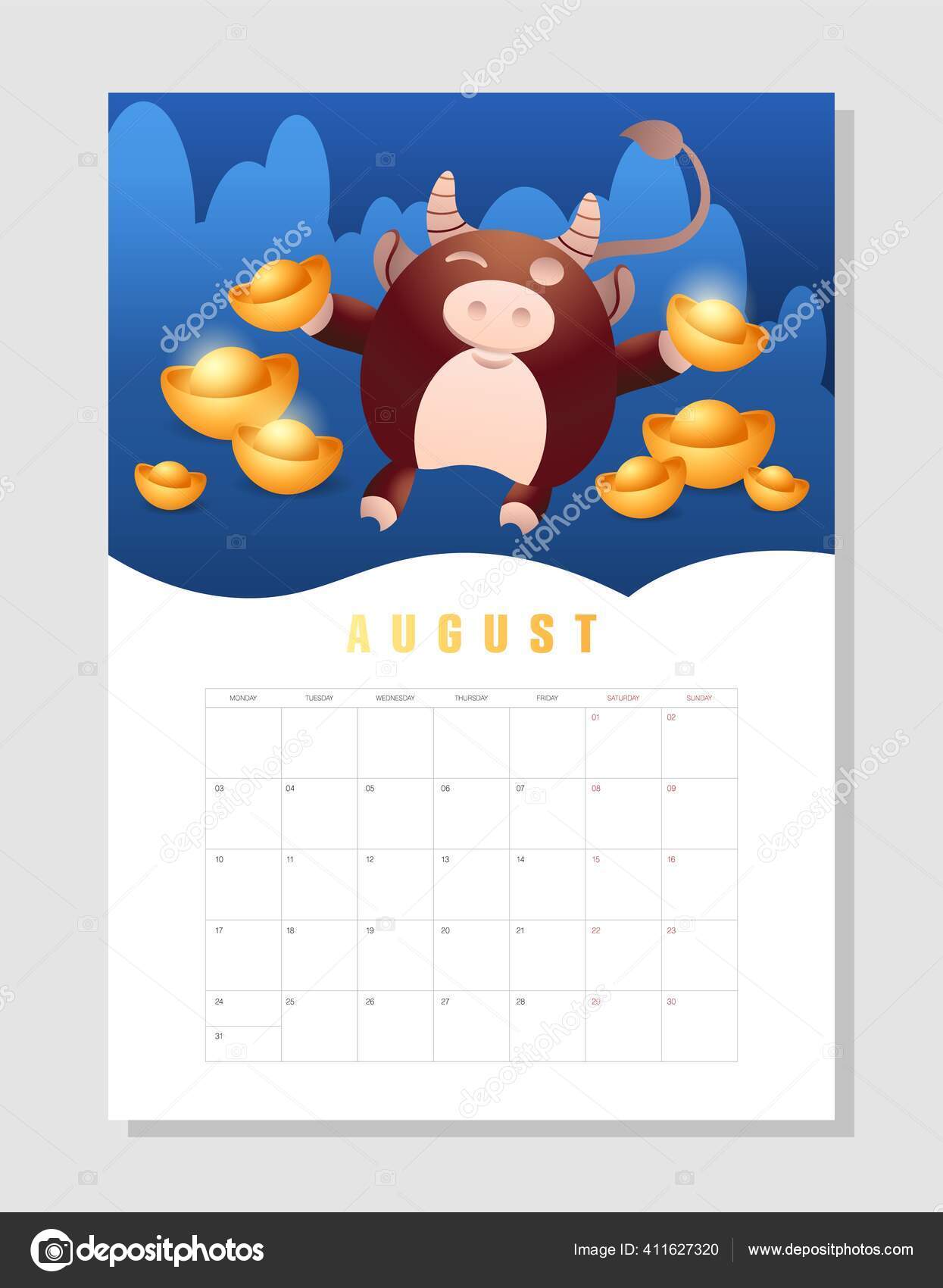 Calendar 2021 A4 Format On August Month Planner Cute Wealth Bull Cheerful Ox Hold Gold Ingot cow calendar august 2021