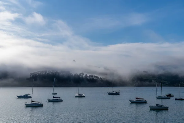 Mavi Gökyüzü Beyaz Bulutlar Akaroa Limanı Ndaki Sis Aquamarine Denizleri — Stok fotoğraf