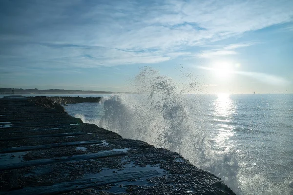 Bela Vista Para Quebra Água Rochosa Oamaru Nova Zelândia Com — Fotografia de Stock