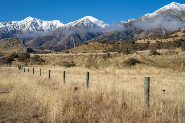 Fence Country Road Sunny Morning Snow Mountain — стокове фото