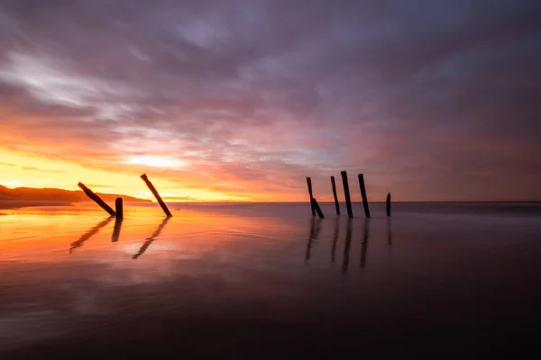 Bella Alba Vecchi Pali Molo Clair Beach Dunedin Nuova Zelanda — Foto Stock