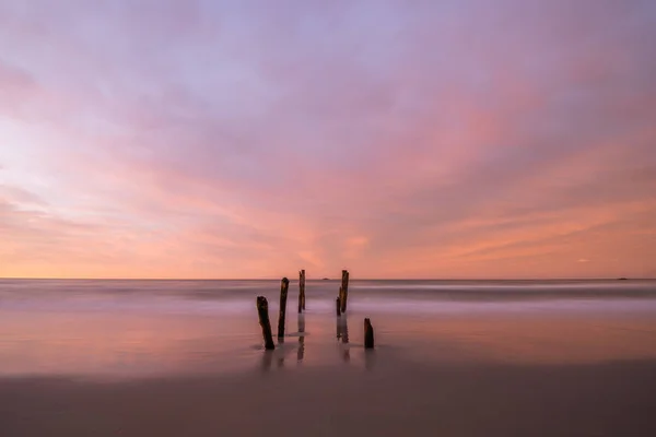 Indah Matahari Terbit Tumpukan Dermaga Tua Clair Beach Dunedin Selandia Stok Lukisan  