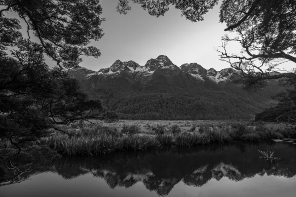 Panorama Sněžného Pohoří Krajina Modrým Nebem Pozadí Nového Zélandu — Stock fotografie