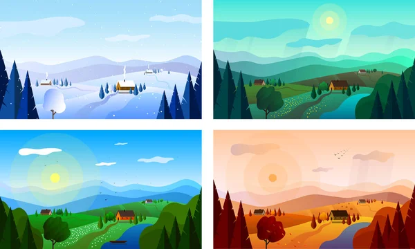 Vector illustration with landscapes at different times of the year. Spring, summer, autumn, winter landscapes.Suitable for the design of brochures, booklets, travel flyers.