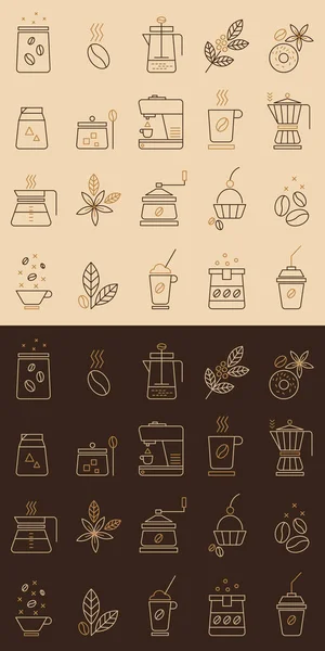 Kaffeevektor Symbole Linearem Stil Auf Beigem Und Braunem Hintergrund Illustrationen — Stockvektor