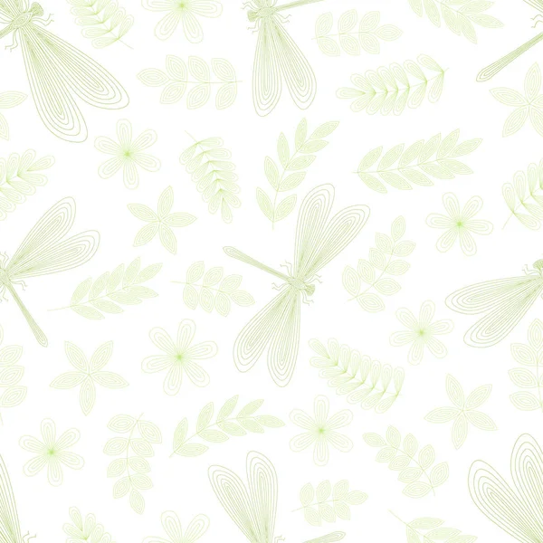 Libelle Blätter Blüten Zweige Nahtlose Muster Handgezeichnetes Doodle Vektorillustration Auf — Stockvektor