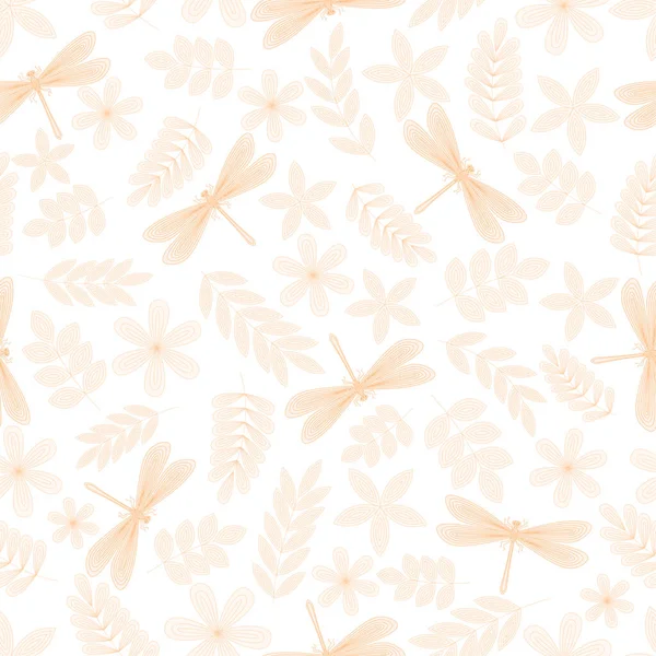 Libelle Blätter Blüten Zweige Nahtlose Muster Handgezeichnetes Doodle Vektorillustration Auf — Stockvektor