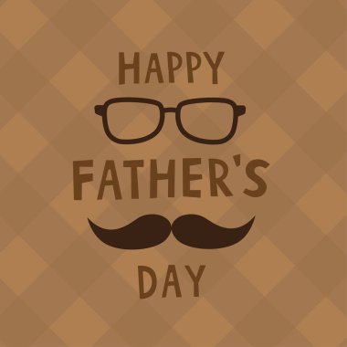 Bıyıklı ve gözlüklü Babalar Günü tebrik kartı. Vektör çizimi. Kartlar, çıkartmalar, afişler, baskılar için kullanılır. Kahverengi ve bej seçili arkaplanda metin tasarımı.