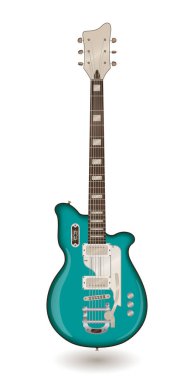 Beyaz arka planda elektro gitar. Vintage tarzında vektör illüstrasyonu. Posterler, kartlar, afişler, arka planlar için.