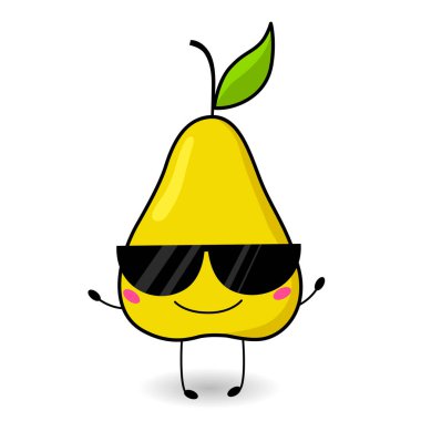 Çizgi film tarzında güneş gözlüğü takan komik bir armut. Vektör. Sulu ve parlak meyveler. Duyguları olan sevimli bir karakter. Tasarımın için. Çıkartmalar, kartlar, avatarlar için. Beyaz bir arkaplanda izole edilmiş.