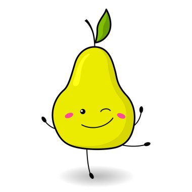 Çizgi film tarzında armut dansı. Vektör. Sulu ve parlak meyveler. Duyguları olan sevimli bir karakter. Tasarımın için. Çıkartmalar, kartlar, avatarlar için. Beyaz bir arkaplanda izole edilmiş.