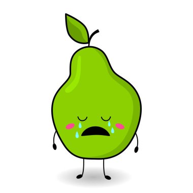 Çizgi film tarzında hüzünlü bir armut. Ağlıyor. Vektör. Sulu ve parlak meyveler. Duyguları olan sevimli bir karakter. Tasarımın için. Çıkartmalar, kartlar, avatarlar için. Beyaz bir arkaplanda izole edilmiş.