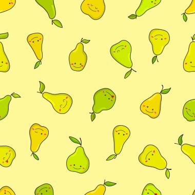 Tuhaf sarı ve yeşil armutları olan kusursuz bir desen. Çizgi film tarzında. Şirin meyveli vektör çizimi. Çocuk kumaşları ve ambalaj kağıtları için. Sarı arka planda.