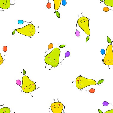 Komik armutlu kusursuz desen. Çizgi film tarzında. Şirin meyveli vektör çizimi. Çocuk kumaşları ve ambalaj kağıtları için. Beyaz bir arkaplanda.