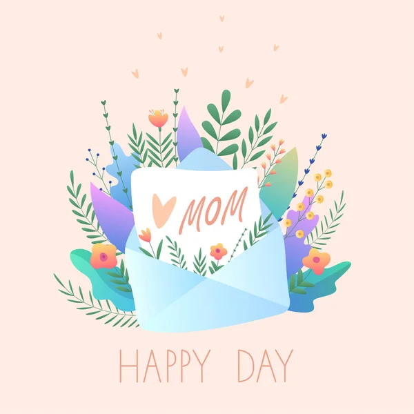 Greeting Card Happy Mothers Day Vector Illustration Flowers Hearts Letter — Stock Vector