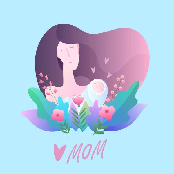 Greeting Card Happy Mothers Day Vector Illustration Mom Baby Flowers — Stock Vector