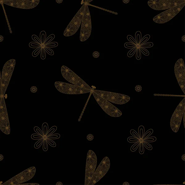 Goldene Libelle Silhouette Nahtloses Muster Handgezeichnetes Doodle Linearer Stil Zierinsekten — Stockvektor