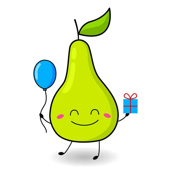 Bonne Poire Avec Cadeau Ballon Vecteur Fruit Juteux Lumineux Caractère — Image vectorielle