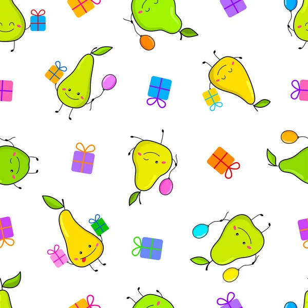 Seamless Pattern Funny Pears Cartoon Style Vector Illustration Cute Fruits — Stock Vector