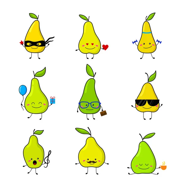Ensemble Poires Drôles Style Dessin Animé Vecteur Collection Fruits Juteux — Image vectorielle