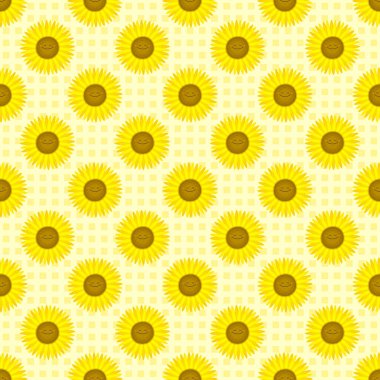Komik ayçiçekleri olan kusursuz bir desen. Dekoratif gülen bitkiler. Çizgi film tarzında vektör illüstrasyonu. Kitapların, kapakların, kumaşların, çocukların tekstil ürünlerinin, ambalaj kağıtlarının tasarımı için..