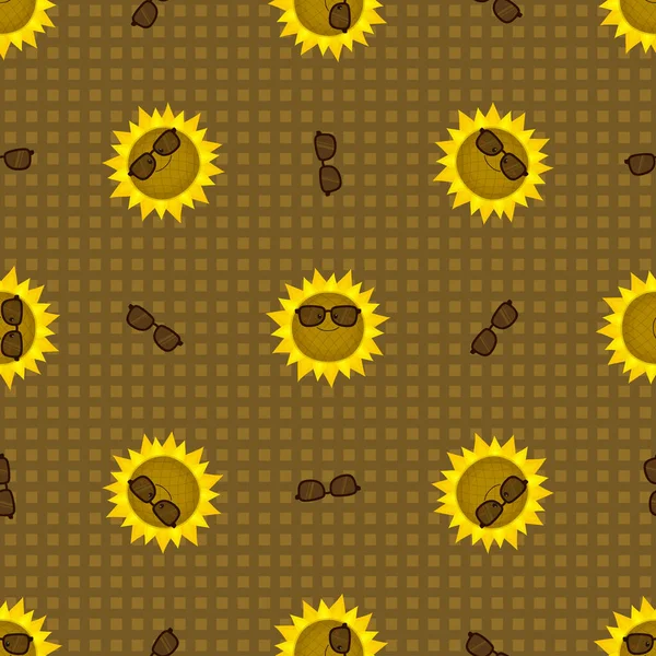 Nahtloses Muster Mit Lustigen Sonnenblumen Sonnenbrille Dekorativ Lächelnde Pflanzen Vektorillustration — Stockvektor
