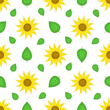 Komik ayçiçekleri olan kusursuz bir desen. Dekoratif gülen bitkiler. Çizgi film tarzında vektör illüstrasyonu. Kitapların, kapakların, kumaşların, çocukların tekstil ürünlerinin, ambalaj kağıtlarının tasarımı için..