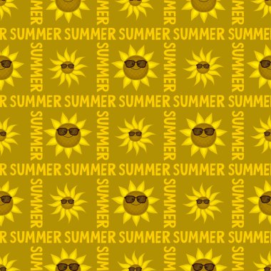 Kusursuz desenli, güneş gözlüklü komik ayçiçekleri. Dekoratif gülen bitkiler. Çizgi film tarzında vektör illüstrasyonu. Kitapların, kapakların, kumaşların, çocukların tekstil ürünlerinin, ambalaj kağıtlarının tasarımı için..