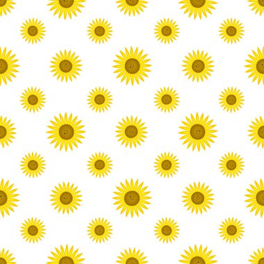 Komik ayçiçekleri olan kusursuz bir desen. Dekoratif gülen bitkiler. Çizgi film tarzında vektör illüstrasyonu. Kitapların, kapakların, kumaşların, çocukların tekstil ürünlerinin, ambalaj kağıtlarının tasarımı için..