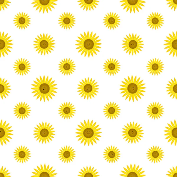Komik ayçiçekleri olan kusursuz bir desen. Dekoratif gülen bitkiler. Çizgi film tarzında vektör illüstrasyonu. Kitapların, kapakların, kumaşların, çocukların tekstil ürünlerinin, ambalaj kağıtlarının tasarımı için..