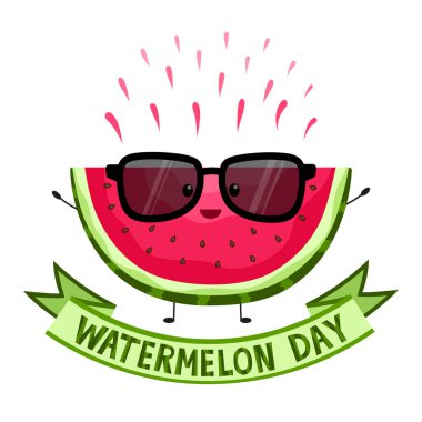 Ulusal Karpuz Günü. Ağustos. Güneş gözlüklü komik meyve. Vektör. Yaz. Tohumla dilimle. Tebrik kartı. Kutlama. Beyaz bir arkaplanda ve kurdele üzerinde metin.