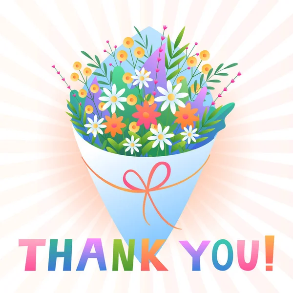 Köszönöm Virágcsokor Fehér Háttérrel Sugarakkal Üdvözlő Vektor Kártya Szöveggel — Stock Vector