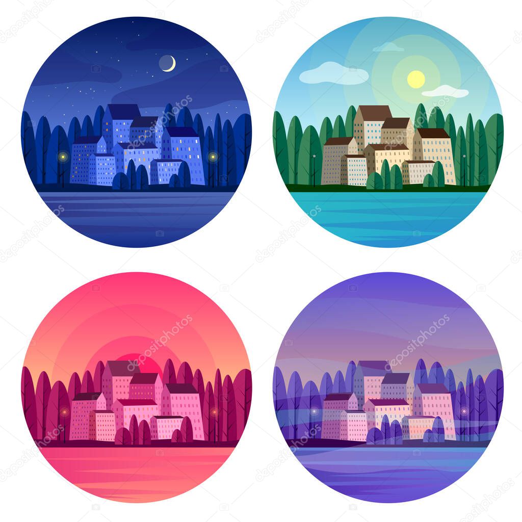 Vector abstract cityscape at different day time.