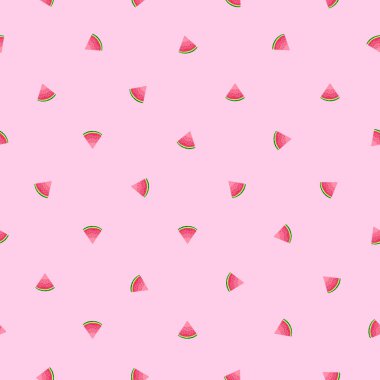 Karpuzların kusursuz vektör deseni. Çizgi film tarzında illüstrasyon. Tekstil, tişört, pankart, kumaş ve arkaplan tasarımınız için dekoratif parlak meyveler. Şekillendirilmiş yaz sulu baskısı.