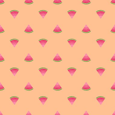 Karpuzların kusursuz vektör deseni. Çizgi film tarzında illüstrasyon. Tekstil, tişört, pankart, kumaş ve arkaplan tasarımınız için dekoratif parlak meyveler. Şekillendirilmiş yaz sulu baskısı.
