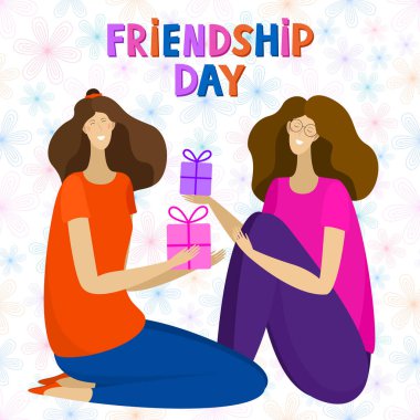 Arkadaşlık günü. Kartpostal Çizgi film tarzı. Vektör. Gençlik yaşam tarzı. İyi tatiller. Genç gülümseyen kızlar birlikte kutluyorlar. Alıntı metniyle parlak renkli illüstrasyon.