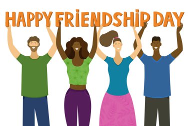 Arkadaşlık günü. Kartpostal Farklı milletler. Çizgi film stili Vektör. Gençlik yaşam tarzı. İyi tatiller. Genç kızlar ve erkekler birlikte. Metinli parlak renkli çizimler.