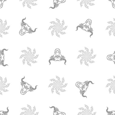 Boğa deseni. Dekoratif hayvan kafası. Vektör çizimi. Yılın sembolü oldu. Siluet. Klasik stil bufalo. Noel arkaplanı. Tekstil ürünleri, ambalaj kağıtları, kumaşlar, afişler için uygun.