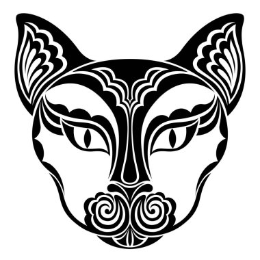 Kedi. Vektör dekoratif hayvan kafası. Cadılar Bayramı kutlaması için uygun. Siyah beyaz el dövmesi. Tişörtler, kartpostallar, tekstil için stilize grafikler. Beyaz arkaplanda izole.