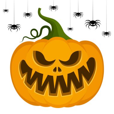 Örümcekli Cadılar Bayramı kabağı. Çizgi film tarzı. Parlak bir tatilin sonbahar sembolü. Kart tasarımı, el ilanları, parti davetiyeleri, poster ve tişört baskıları için. Beyaz arkaplanda izole.